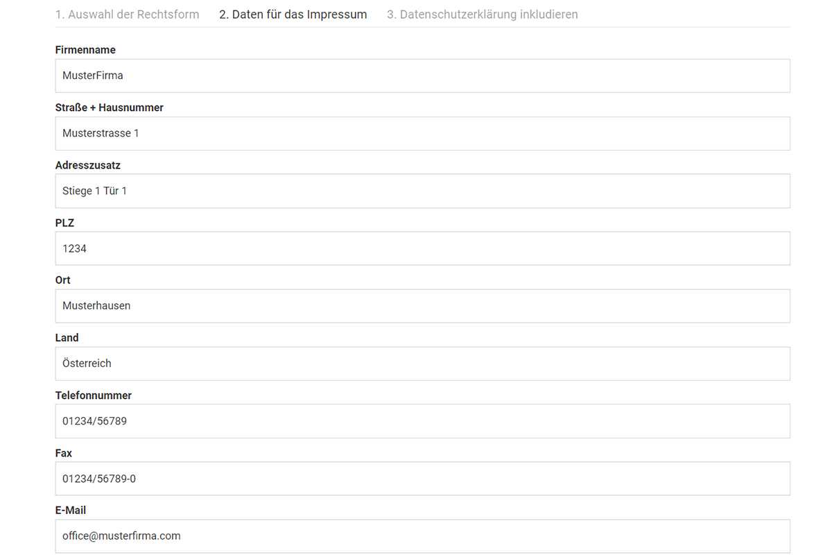 Im Impressum Generator für Österreich füllen Sie die entsprechenden Felder aus.